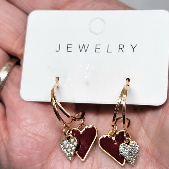 Double Heart Dangle Earrings Faux Crystal Red Silver Gold Tone .98 Inch Drop New - Picture 4 of 11